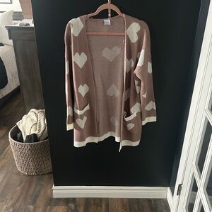 Cozy Casual Pink and White Heart Cardigan Women's L